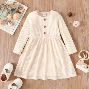 Toddler Girl Solid Color Button Design Ribbed Long-sleeve Dress #207587