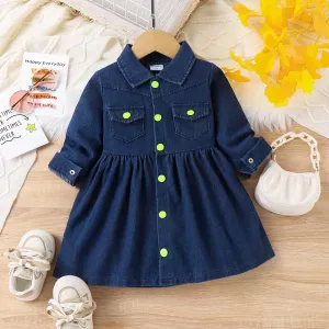 Toddler Girl Solid color Collar Button Design Denim Dress #1192073