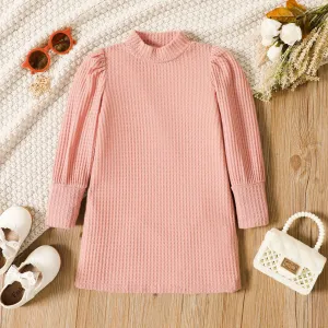 Toddler Girl Solid Color Mock Neck Waffle Long Puff-sleeve Dress #204509