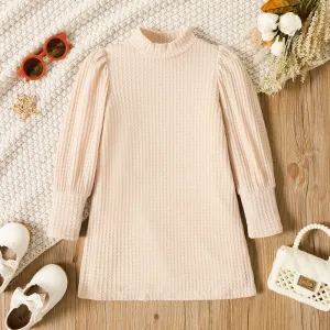 Toddler Girl Solid Color Mock Neck Waffle Long Puff-sleeve Dress #204514