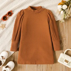 Toddler Girl Solid Color Mock Neck Waffle Long Puff-sleeve Dress #204519