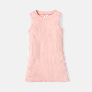 Toddler Girl Solid Color Ribbed Sleeveless Cotton Dress #218834