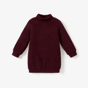 Toddler Girl Solid Color Turtleneck Ribbed Sweater Dress (Belt is not included) #1032223