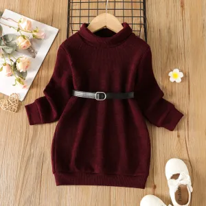 Toddler Girl Solid Color Turtleneck Ribbed Sweater Dress (Belt is not included) #212436