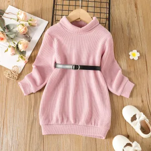 Toddler Girl Solid Color Turtleneck Ribbed Sweater Dress (Belt is not included) #212444
