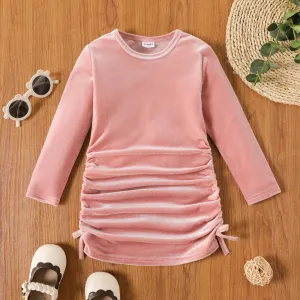 Toddler Girl Solid Color Velvet Ruched Bowknot Design Long-sleeve Dress #831501
