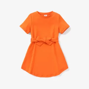 Toddler Girl Solid Curved Hem Short-sleeve Belted Dress