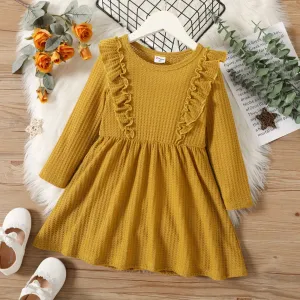 Toddler Girl Solid Ruffle Decor Long-sleeve Ginger or Brown Dress #195868