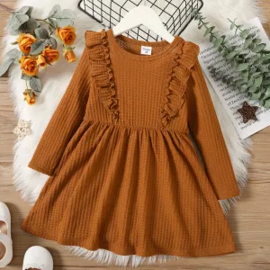 Toddler Girl Solid Ruffle Decor Long-sleeve Ginger or Brown Dress #195871