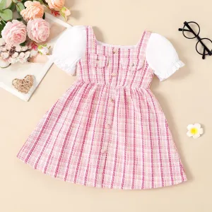 Toddler Girl Square Neck Short-sleeve Tweed Dress #1046011