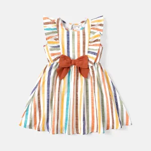 Toddler Girl Stripe Bowknot Design Ruffled Sleeveless Dress #219869