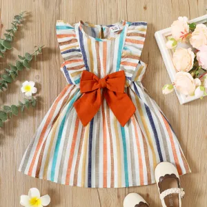 Toddler Girl Stripe Ruffled Bowknot Design Sleeveless Dress #768685