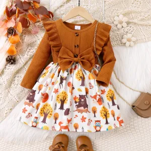Toddler Girl Sweet Animal Pattern Bear Flutter Sleeve Dress #1193990
