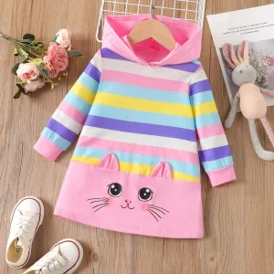 Toddler Girl Sweet Cat Animal Design Hooded Stripe Long Sleeve  Dress #1065787