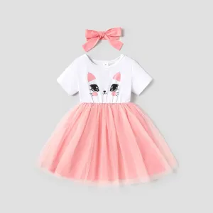 Toddler Girl Sweet Cat Print Mesh Overlay Short-sleeve Fairy Dress #910034