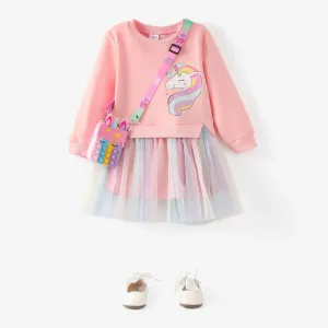 Toddler Girl Sweet Faux-two Unicorn Print Mesh Splice Fairy Dress