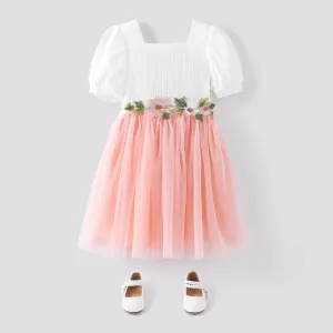 Toddler Girl Sweet Floral Design Mesh Splice Puff-sleeve Dress #234676