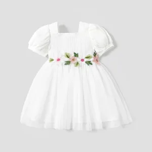 Toddler Girl Sweet Floral Design Mesh Splice Puff-sleeve Dress #842095