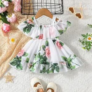 Toddler Girl Sweet Floral Print Off Shoulder Chiffon Slip Dress #229044