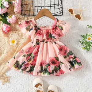 Toddler Girl Sweet Floral Print Off Shoulder Chiffon Slip Dress #229051