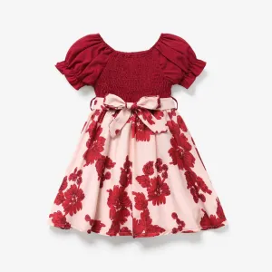 Toddler Girl Sweet Floral Print Smocked Belted Dress #789077
