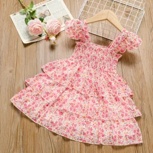 Toddler Girl Sweet Floral Print Smocked Ruffled Sleeveless Dress #727582