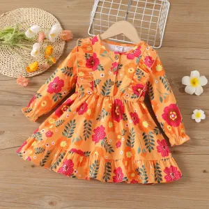 Toddler Girl Sweet  Flower Pattern Ruffle Edge Dress #1066652