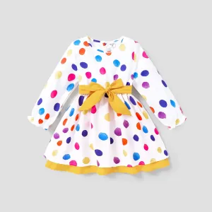 Toddler Girl Sweet Polka Dot Long Sleeve Belt Dress #1164190