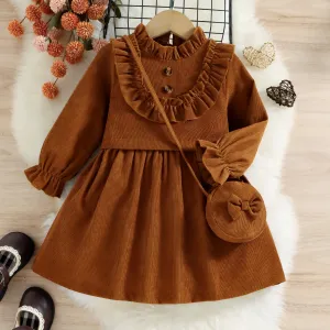 Toddler Girl Sweet Ruffle Collar Long-sleeve Corduroy Dress(Bag is inclided) #1055452
