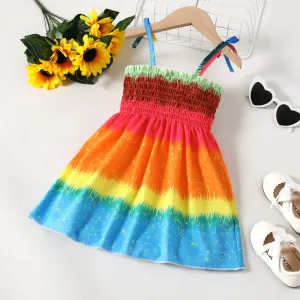 Toddler Girl Sweet Smocked Colorful Gradient Hanging Strap Dress #1331473