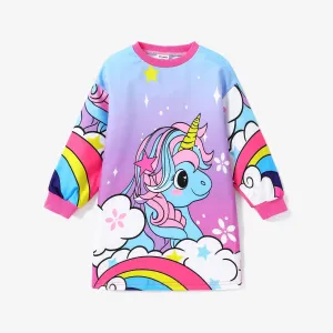 Toddler Girl Sweet Unicorn Rainbow Print Long-sleeve Sweatshirt Dress #217452