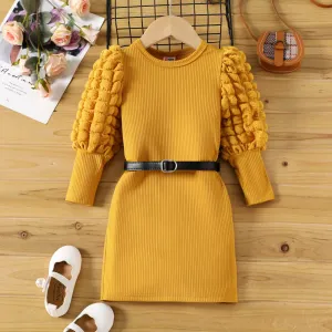 Toddler Girl Textured Ribbed Long Puff-sleeve Dress (Belt is not included) #216790