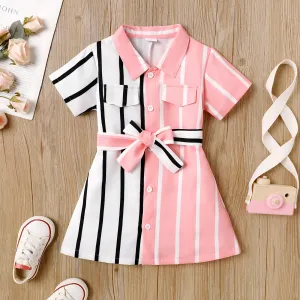 Toddler Girl Trendy Stripe Lapel Collar Belted Dress #806479