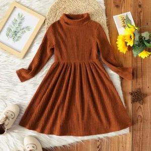 Toddler Girl Turtleneck Solid Color Ribbed Long-sleeve Dress #207114