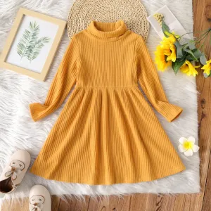 Toddler Girl Turtleneck Solid Color Ribbed Long-sleeve Dress #207120