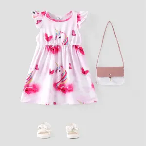 Toddler Girl Unicorn Heart Print Flutter-sleeve Pink Dress