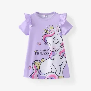Toddler Girl Unicorn Letter Print Ruffled Dress/ Crossbody Bag/ Sandals #1326596