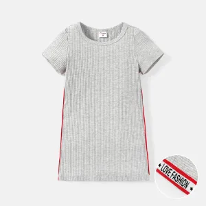 Toddler Girl Webbing Design Ribbed Short-sleeve Cotton Tee Dress #729866