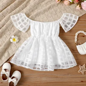 Toddler Girl White Plaid Off-Shoulder Short-sleeve Dress #1042617