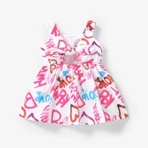 Baby Girl Allover Letter Print Bow Front Cut Out Sleeveless Dress
