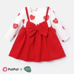 Baby Girl Bow Front Solid & Heart-print Naiaâ¢ Spliced Long-sleeve Dress #233677
