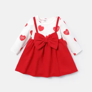 Baby Girl Bow Front Solid & Heart-print Naiaâ¢ Spliced Long-sleeve Dress