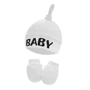 2-pack Baby 100% Cotton Letter Print Top Knot Beanie Hat & Anti-scratch Glove Set #1036274
