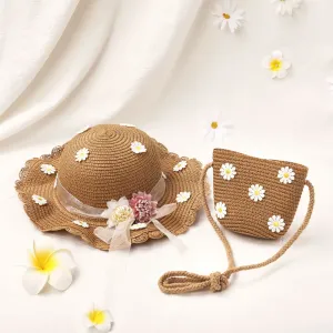 2pcs Toddler/Kid Girl Little Daisy Decor Hatband Straw Hat and Bag Set #1039036