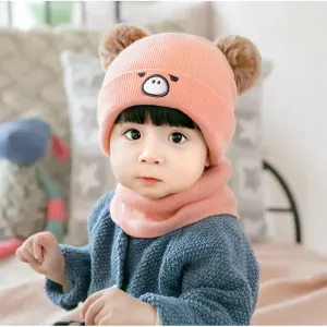 Baby Cute Pattern Pom Pom Decor Beanie Hat & Infinity Scarf #208370