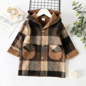 Toddler Boy Classic Plaid Fleece Lined Button Design Hooded Overcoat #1103549