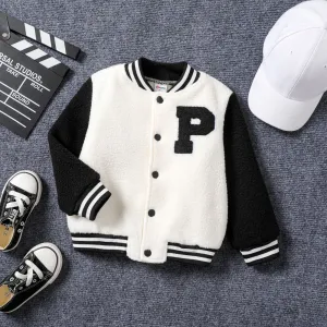 Toddler Boy Letters Colorblock Embroidery Buttons Front Long-sleeve Varsity Warm Coat/Jacket #1091299