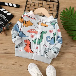 Toddler Boy Zipper Allover Dinosaur Print Long-sleeve Hooded Jacket #1052564