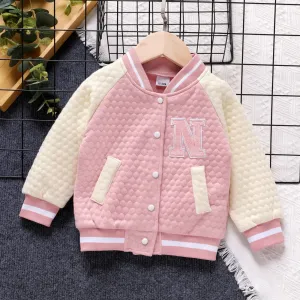Toddler Girl 100% Cotton Letter Embroidered Textured Striped Button Design Bomber Jacket #195118