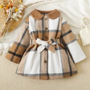 Toddler Girl Doll Collar Plaid Button Design Belted Thin Coats #202924